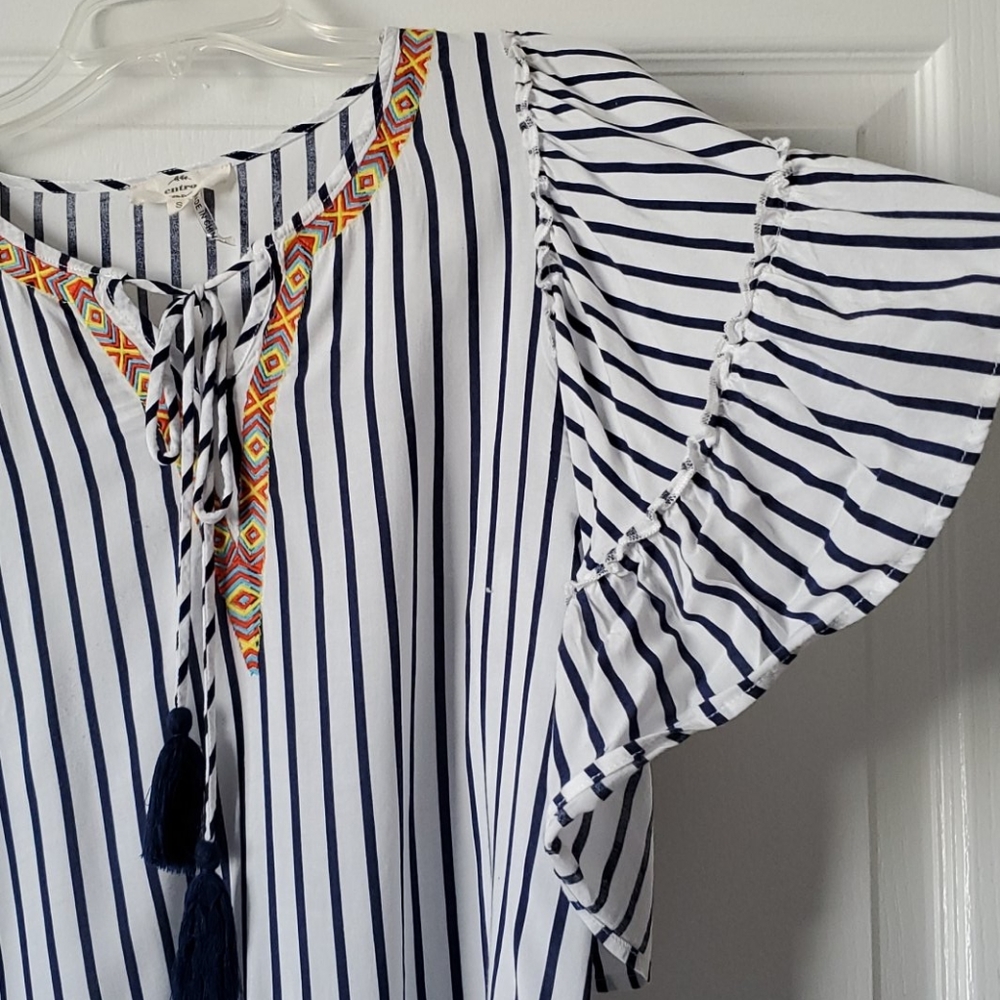 Entro Blue White Stripe Flutter Sleeve Tassel Tie Boho Blouse Top Size S/M - Picture 5 of 6